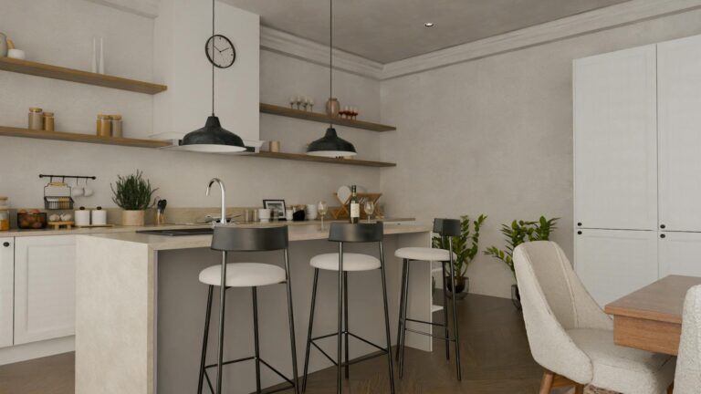 Stylish modern kitchen featuring minimalist decor with sleek furniture and neutral tones.